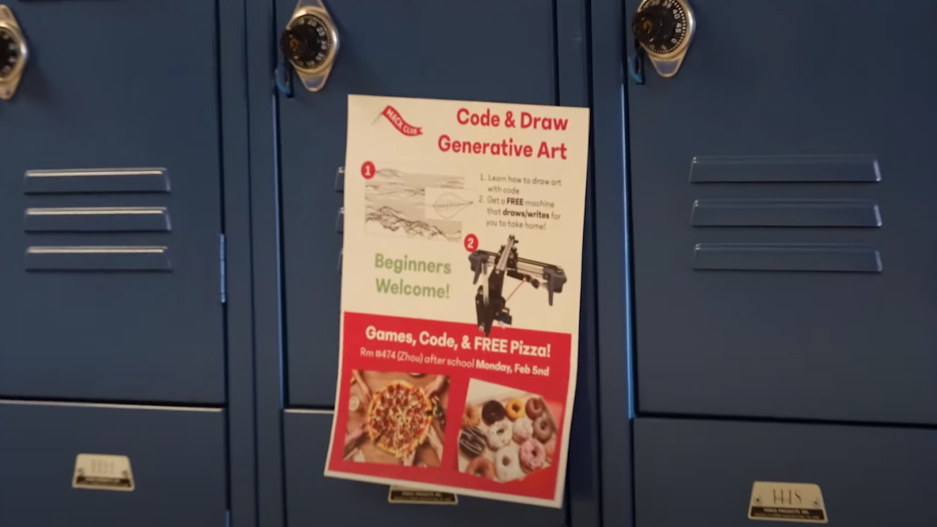 poster made to advertise hack club meeting on a blue locker at a highschool.